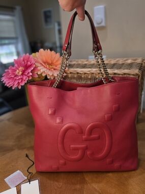 Gucci Red Leather GG Tote Bag with Chain Straps